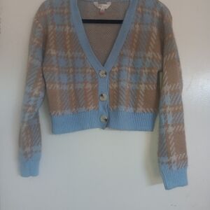 Blue and Tan Button Up Sweater